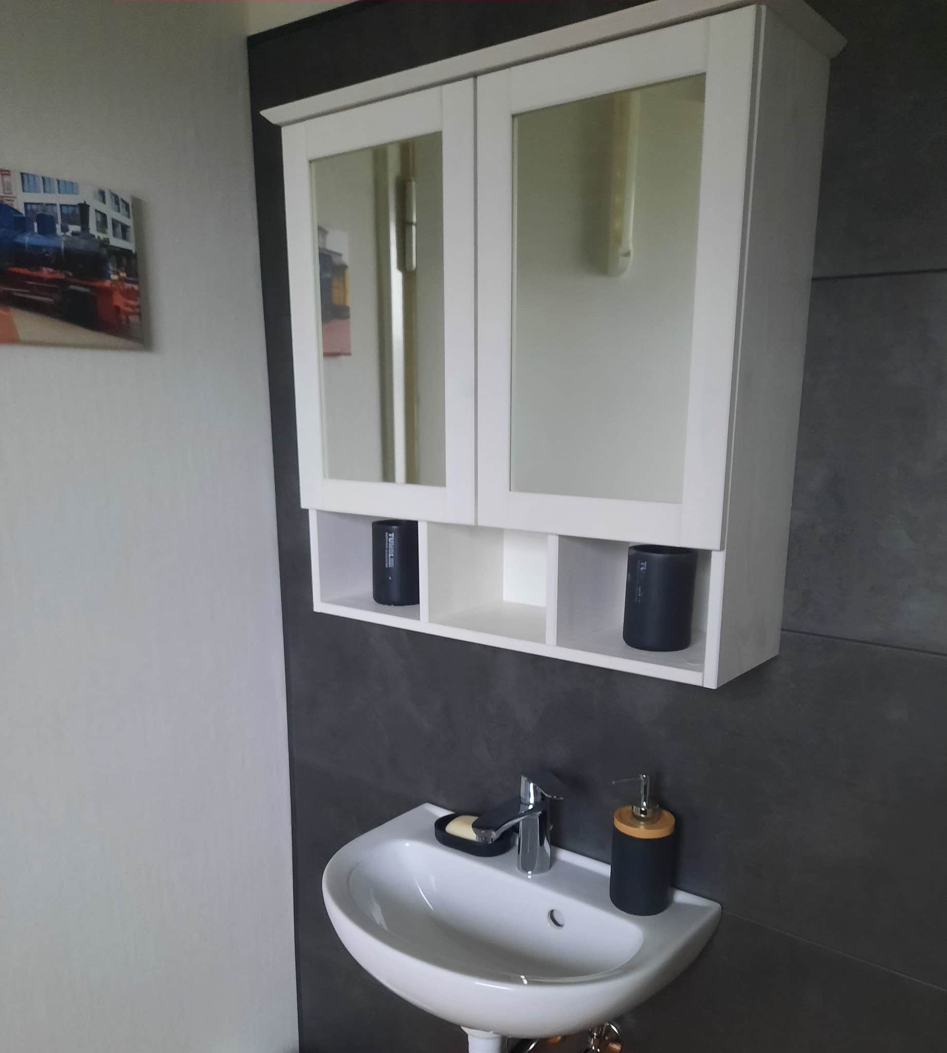 Waschbecken mit Spiegelschrank im Duschbad