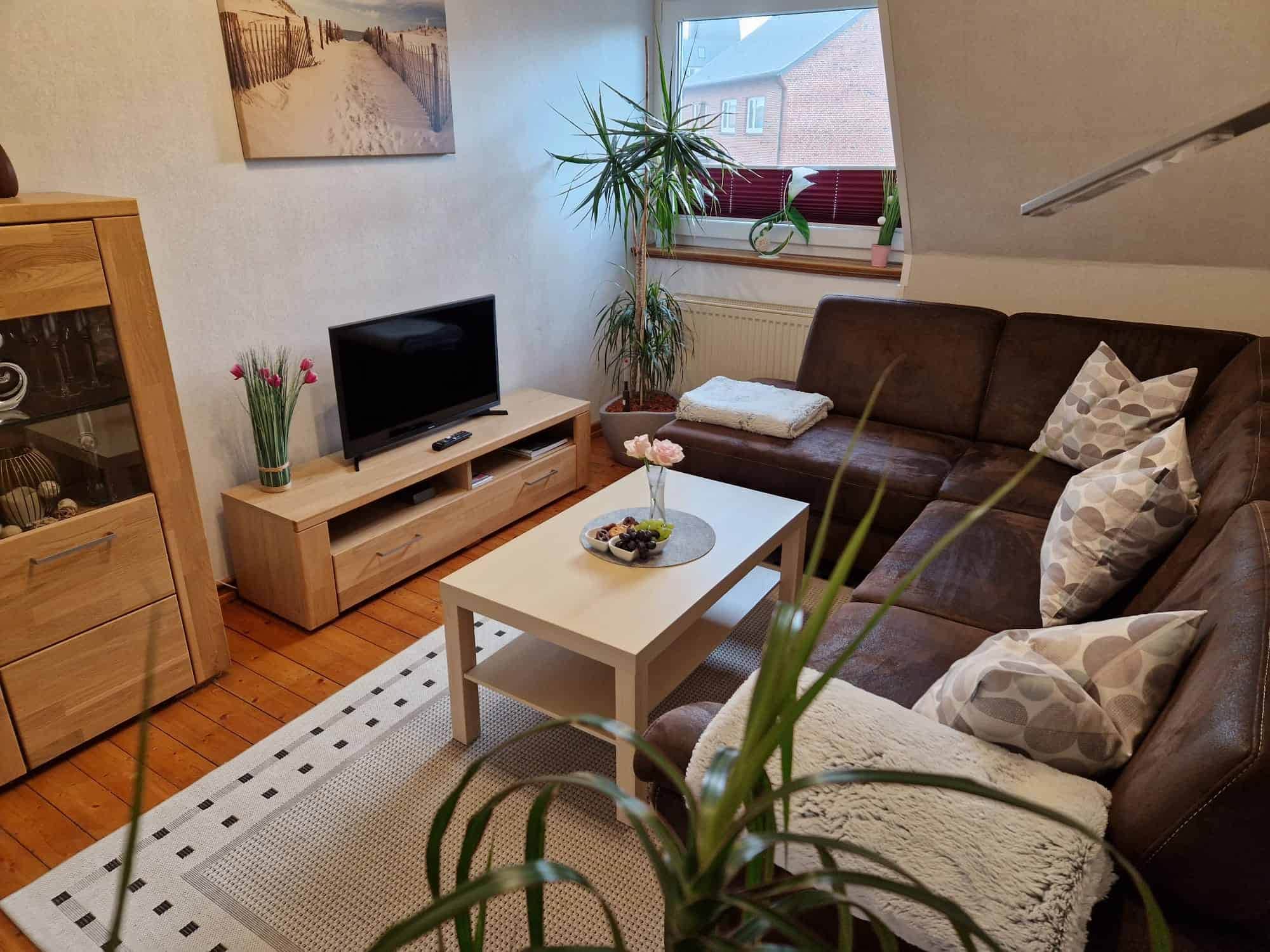 Wohnzimmer mit Fernsehschrank und Grünpflanze